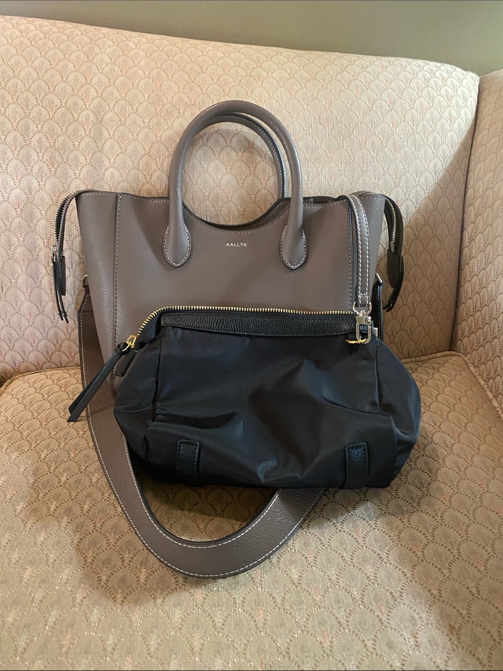 AALYN Taupe Leather Shoulder Bag with Removable Black Pouch